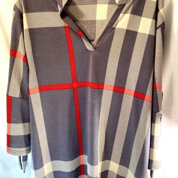 LILDY Womens L-XL Gray Red Line Plaid Pullover Blouse Shirt w/Bell Sleeves - Picture 6 of 14